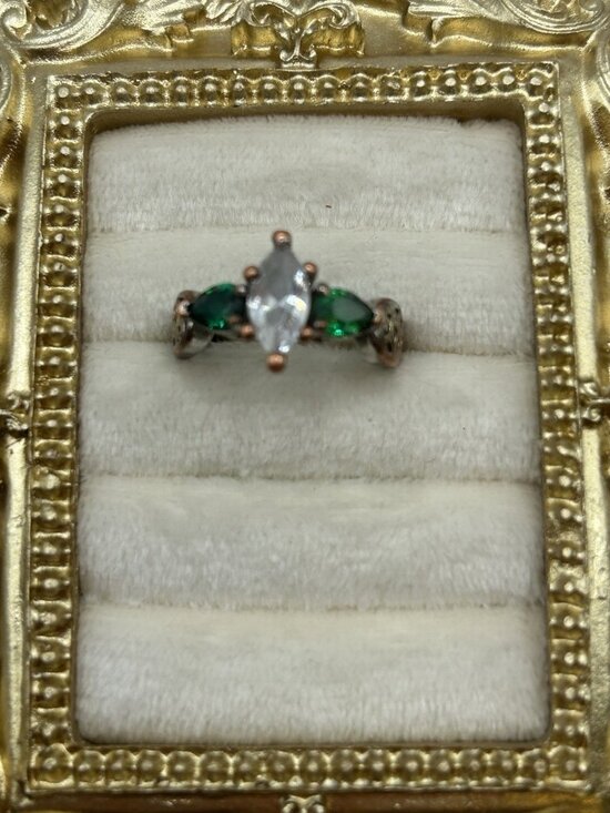 Unbranded Jewelry - Vintage Marquise Clear & Green Stone Costume Ring Size 7 Mixed Metal As Is Craft